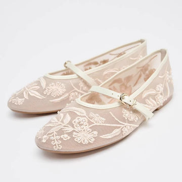 Xajzpa Spring Design Embroidery Flowers Pearl Mesh Round Tor Ballet Flats Woman Loafers Buckle Strap Ladies Mary Jane Shoe Mules Sandal